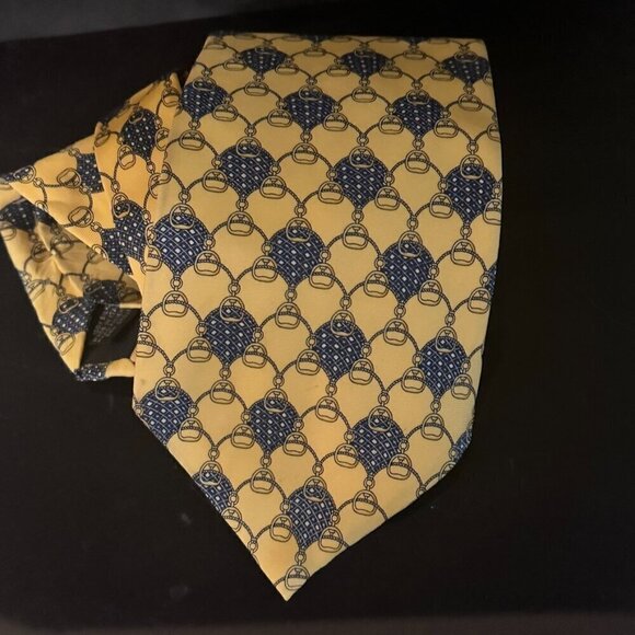 Gucci Logo Silk Tie Horsebit Yellow Black Mint Mens Gift Horse Bit Equestrian - Picture 3 of 5